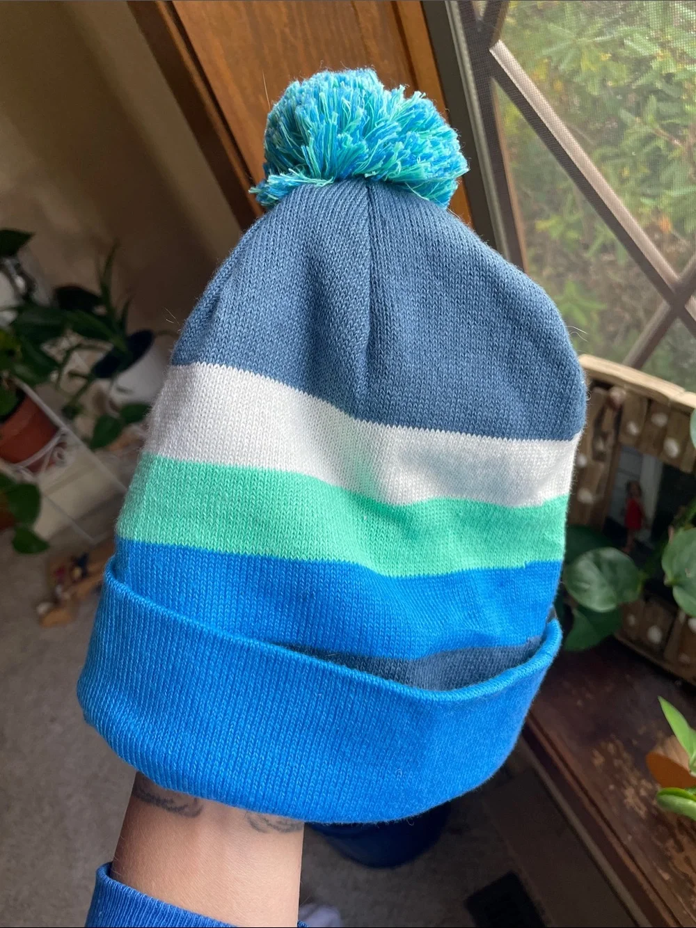 Patagonia Kids Navy, White, Mint & Blue Pom Winter Beanie Hat